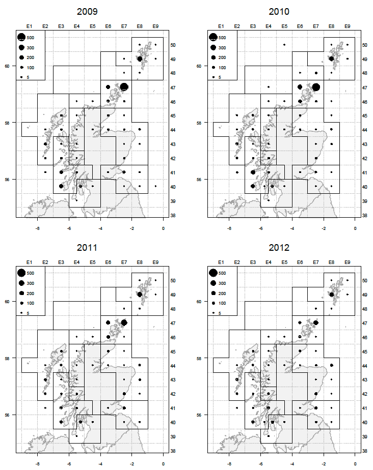 Figure 7: Velvet crab landings (tonnes) by statistical rectangle between 2009 and 2012.  Black circles represent landings into Scotland.  Data are from Fisheries Management Database.