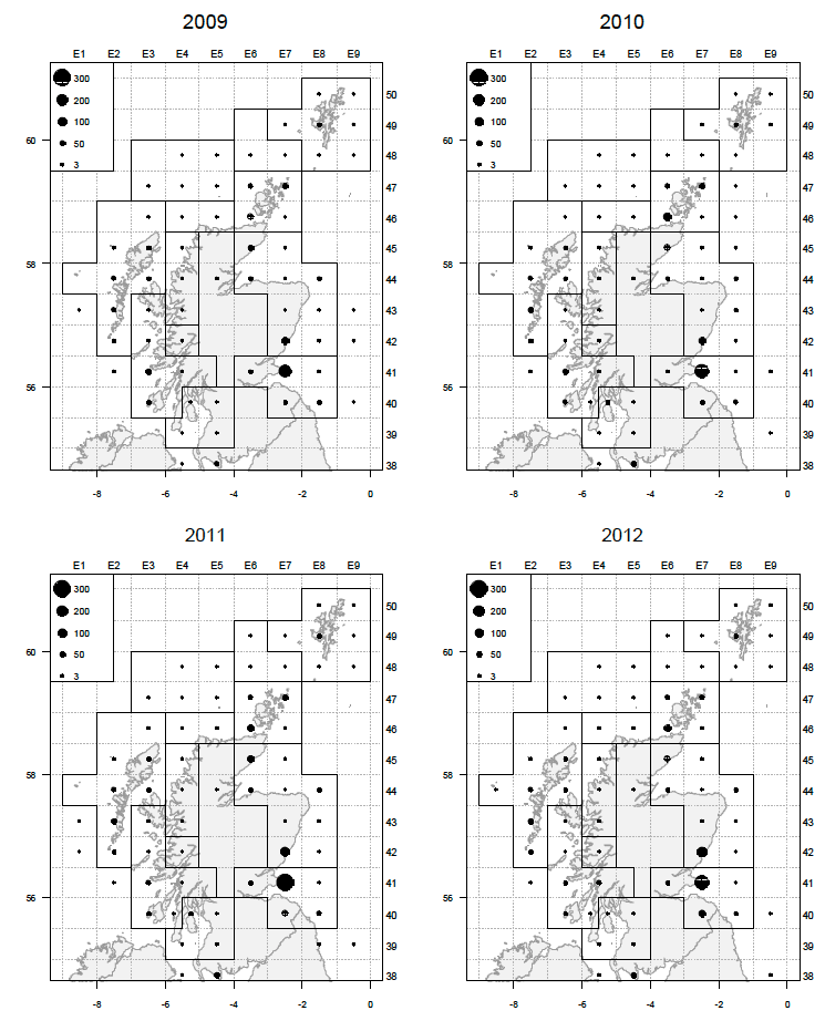 Figure 8: Lobster landings (tonnes) by statistical rectangle between 2009 and 2012.  Black circles represent landings into Scotland.  Data are from Fisheries Management Database.