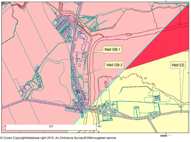 Fig. 3.5: Location of three wells for Guardbridge Geothermal Feasibility Project. Wells GB-1 and GB-2 are within the Guardbridge site and Well ES is located offsite. Basic geology shown for context: pink is the Upper Devonian Glenvale Sandstone Formation, and yellow and red are the Carboniferous Anstruther and Fife Ness Fms. The blueline is the estimated trace of the Dura Den normal fault. 