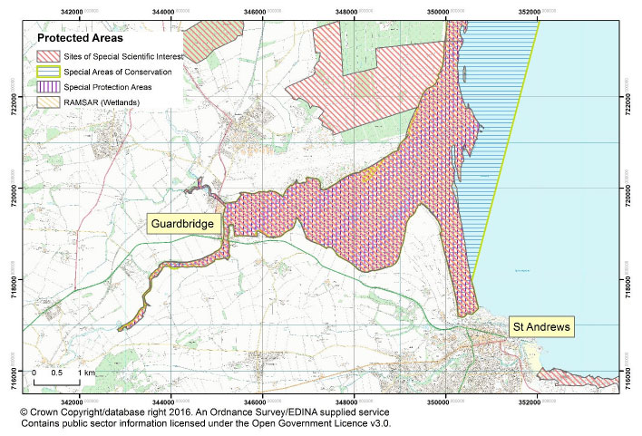 Fig. 13:  Guardbridge is sited next to the Eden Estuary which has SSSI, SPA, SAC and Ramsar status. Data are gathered from Scottish Natural Heritage.