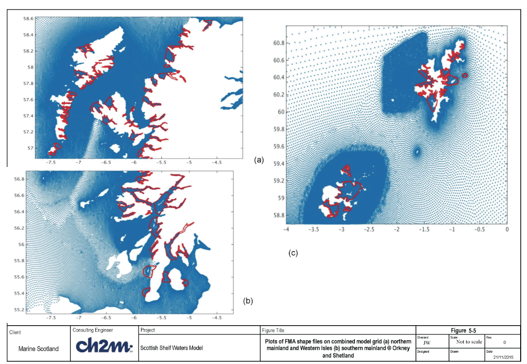 Plots of FMA shape files on combined model grid (a) northern mainland and Western Isles (b) southern mainland (c) Orkney and Shetland