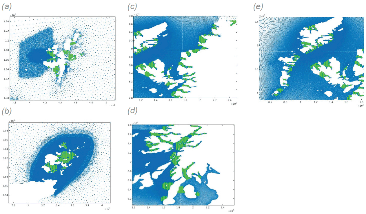 Figure 10: (a) Shetland release points; (b) Orkney release points; (c); N Mainland release points; (d) S Mainland release points; (e) Western Isles release points 