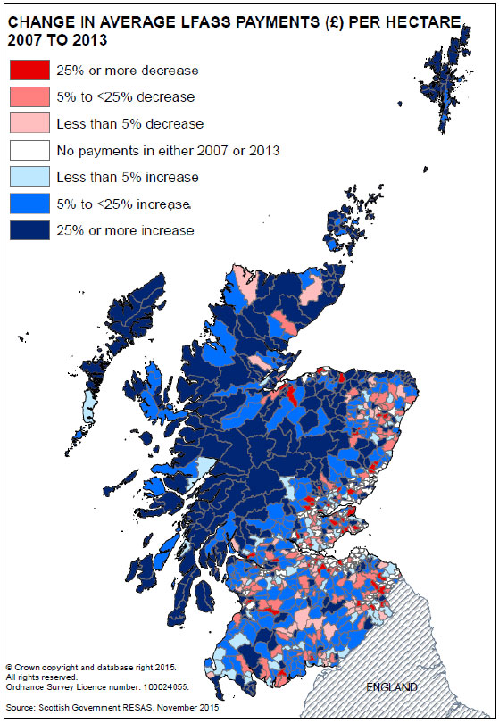 Figure A: Map of changes in parish-average LFASS payments per ha, 2007 to 2013