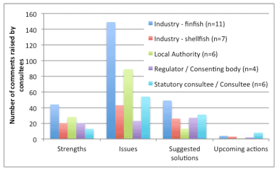 Figure 5.1: Number of strengths, issues, suggested solutions and upcoming actions listed by consultees
