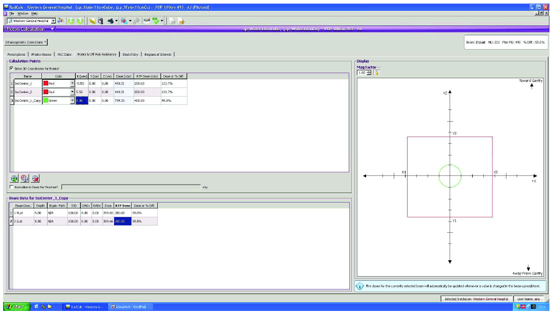 Figure 7 screenshot of RadCalc showing the first points and off axis assistance screen