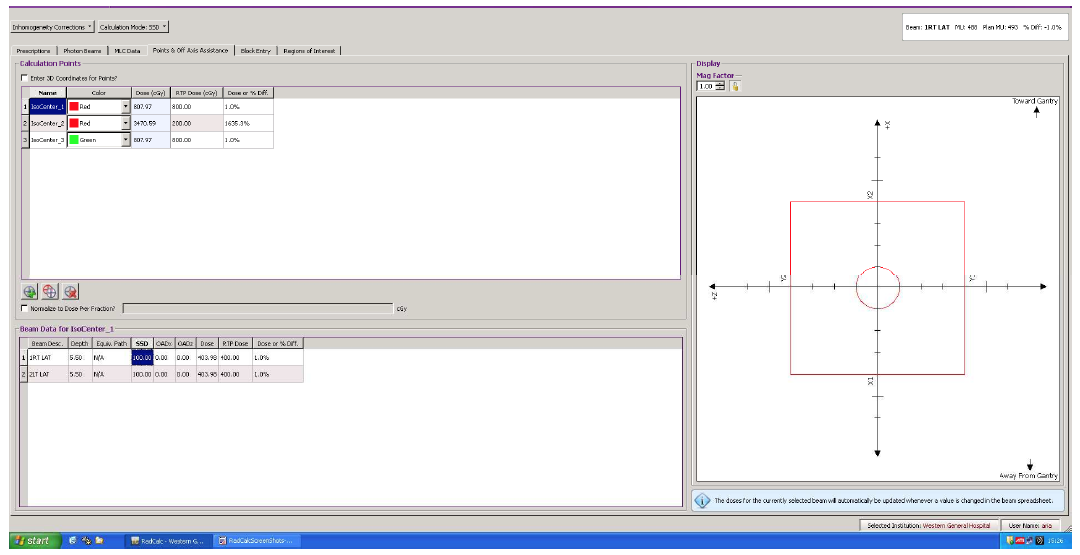 Figure 8 screenshot of RadCalc showing the saved points and off axis assistance screen