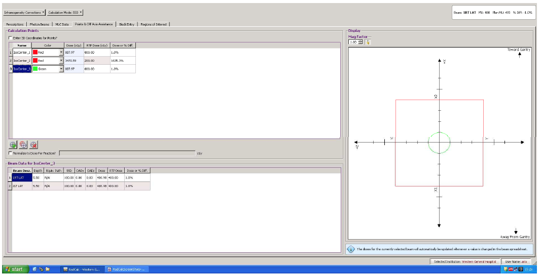 Figure 9 screenshot from RadCalc showing the saved points and off axis assistance screen