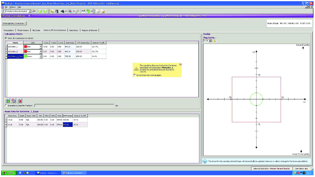 Figure 10 screenshot from RadCalc showing the same points and off axis assistance screen