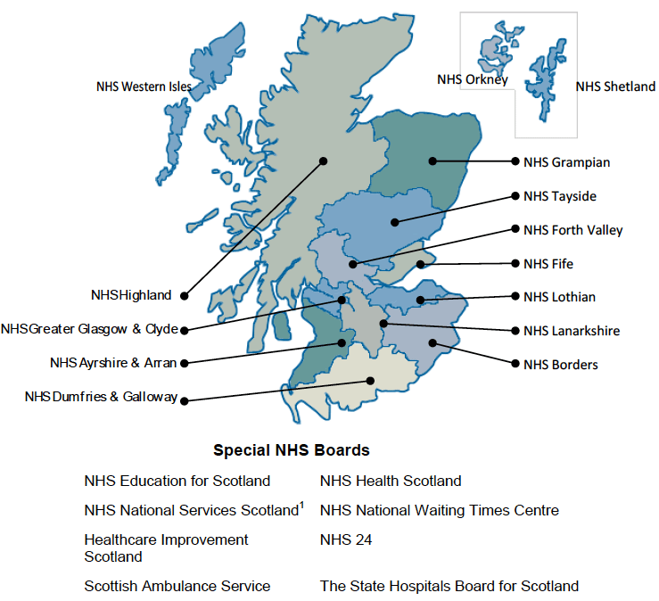 Map showing 14 NHS Boards and 8 Special NHS Boards