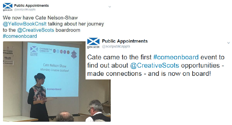 twitter - We now have Cate Nelson-Shaw @YellowBookCnslt talking about her journey to the @CreativeScots boardroom #comeonboard - Cate came to the first #comeonboard event to find out about @CreativeScots opportunities made connections - and is now on board!