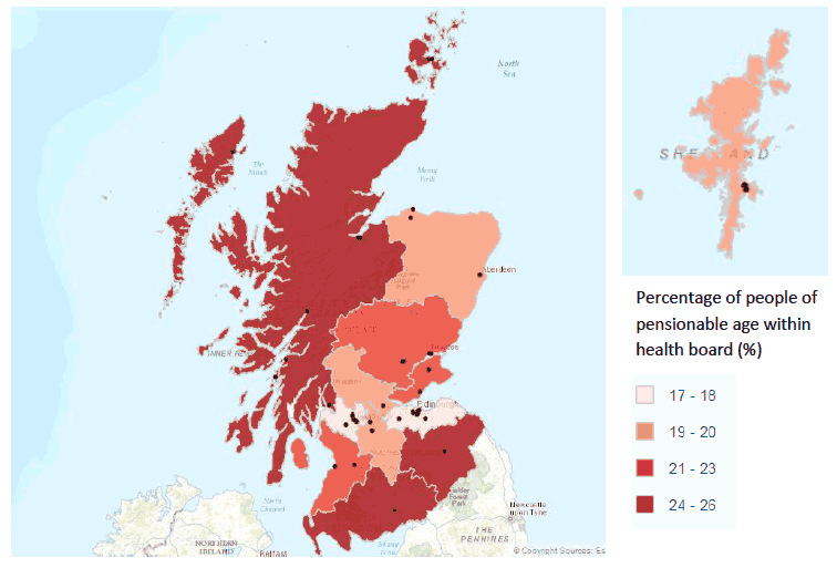 Figure 3: Map to show location of low vision service providers against percentage of individuals over pensionable age according to local health board boundaries (ONS, 2014). Small spots indicate low vision provider locations.
