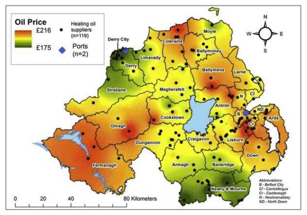 Figure 4.4.: Continuous price surface generated by spatial interpolation of heating oil prices in Northern Ireland. Data collected from suppliers (n = 119) in July 2011, January 2012 and July 2012.