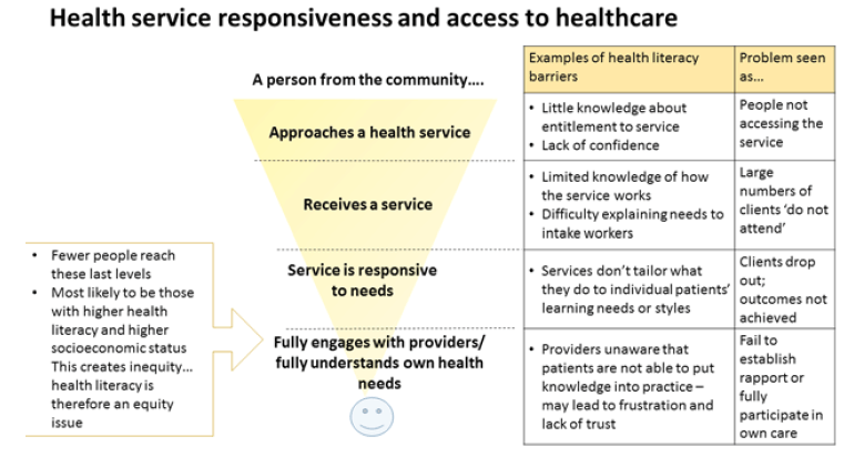 Figure 3. Health literacy: applying current concepts to improve health services and reduce health inequalities.