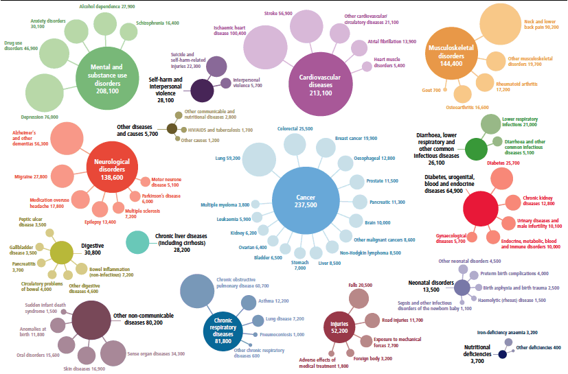 Figure 15. This infographic from the Scottish Burden of Disease study illustrates what conditions we are living with, and dying from, in Scotland. The size of each “bubble” is proportionate to the rate of death and disability caused by that condition. You can view the image in more detail at: http://www.scotpho.org.uk/media/1450/sbod2015-bubbles.pdf