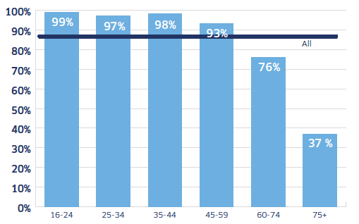 Chart: Percentage of adults who used the internet varied by age