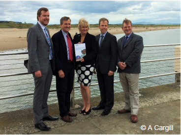 A photo taken to celebrate the launch of Phase One of Dynamic Coast. The photo includes Cabinet Secretary, Roseanna Cunningham MSP, Terry A’hearn, Chief Executive of SEPA, and the research team. 