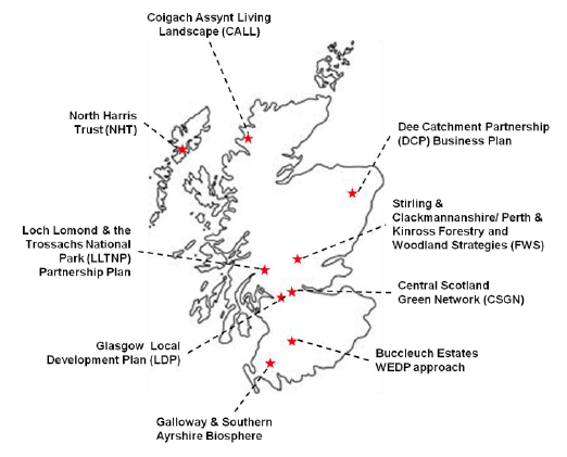 Figure 2.3 Approximate locations of case study land use delivery mechanisms