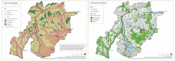 LLTNP maps of relative wildness (left-hand map) and existing woodland cover (right-hand map)