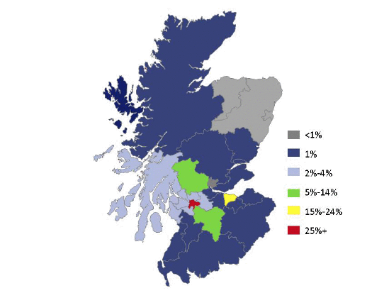 Percentage of overnight visitors staying overnight in each mainland Scotland local authority area during visit