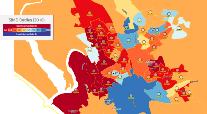 Figure 5: A map of Irvine, colour coded to show the Scottish Index of Multiple Deprivation deciles. The western and northern areas of the city are in the most deprived decile [Source: Scottish Index of Multiple Deprivation 2016: Irvine]