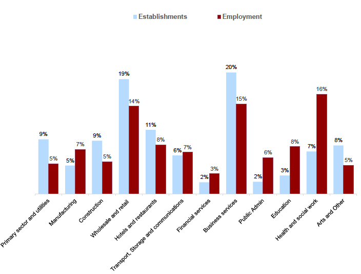 Figure 2.2: Employer and employment profile by sector
