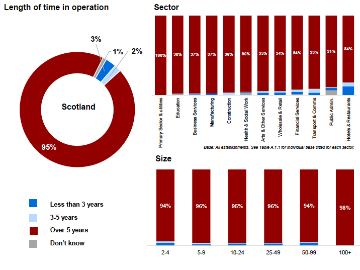 Figure 2.4: Length of time in operation, overall and by sector and size, 2019
