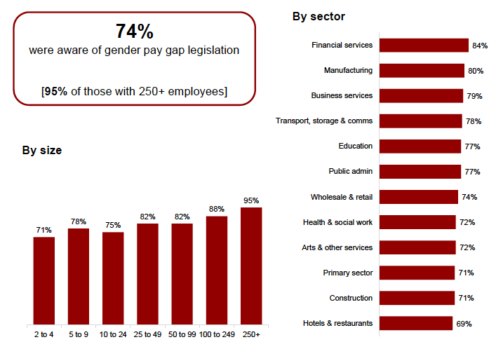Figure 3.7: Awareness of gender pay gap legislation, by size and sector