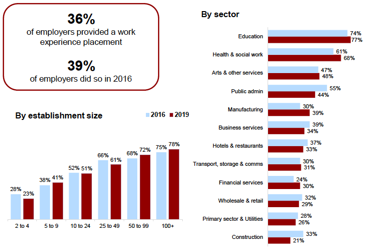 Figure 4.3: Provision of work placements in previous 12 months, by size and sector