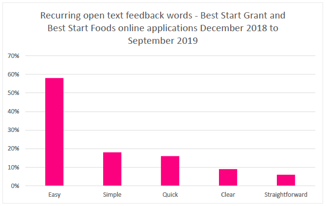 Recurring open text feedback words - Best Start Grant and Best Start Foods online applications December 2018 to September 2019