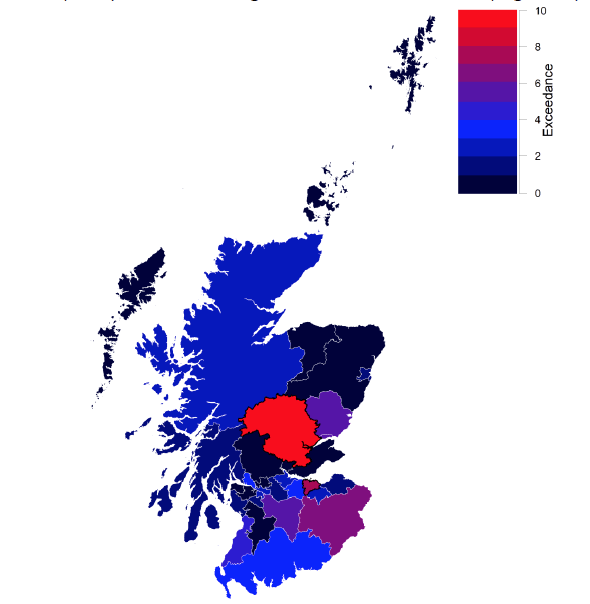 Figure 5. A choropleth map of Scotland, divided into Local Authority areas. The shading colour of each Local Authority area is determined by the recent cumulative exceedance at 24th August. Perth and Kinross is shown to have the highest exceedance of any Local Authority.