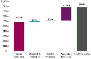 Chart shows gross value added by subsector in 2018. Salmon production £585m; Other finfish production £21m; shellfish production £10m; Aquaculture porcessing £269m; total sector GVA £885m.