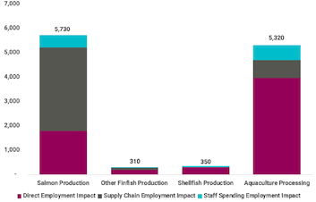 the bar graph shows the total employment impact by aquaculture subsectors in 2018. Salmon production 5,730; other finfish production 310; Shellfish production 350 and aquaculture processing 5,320.