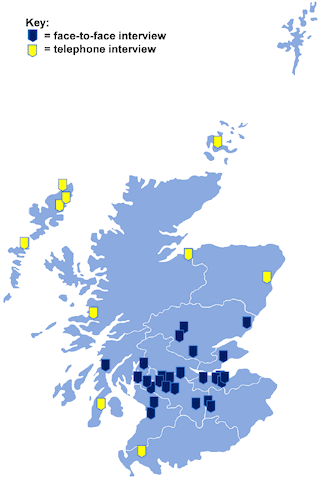 A map shows that the interviews were spread across different parts of Scotland.