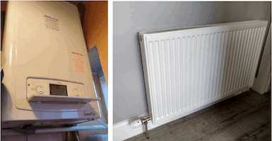 left: A photo of a participant’s combi-boiler, which had a digital display and control buttons. right: A photo of a participant’s wall-mounted radiator, with a temperature control valve at the bottom