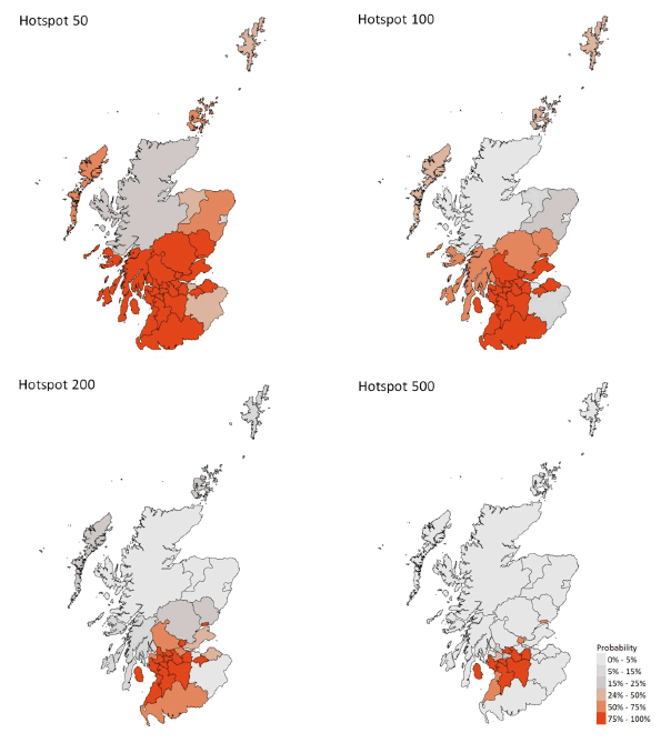 Figure 11. A series of four maps showing the probability of Scottish local authorities having more than 50, 100, 200 or 500 cases per 100,000 population, corresponding to data for 8 – 14 November 2020.