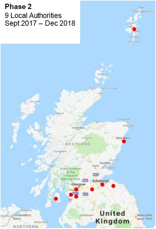 A map of Scotland showing the locations of the local authorities included in the Phase 2 Energy Efficient Scotland pilots