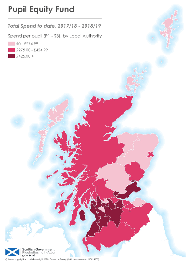 Heat map of Scotland showing Pupil Equity Fund spend per pupil by local authority area across years 2017/18 – 2018/19