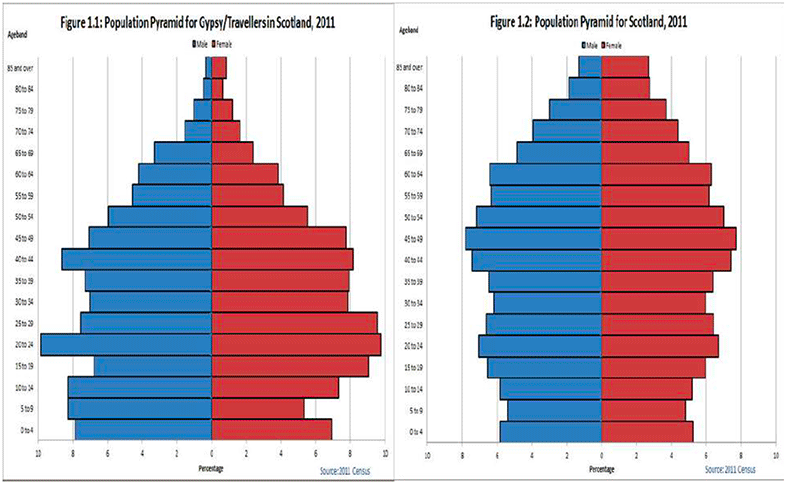 Two population pyramids showing the difference between the Gypsy/Traveller population and the population as a whole