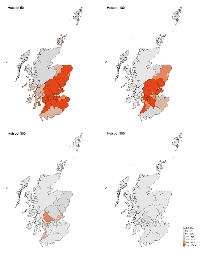 A series of four maps showing the probability of Scottish local authorities having more than 50, 100, 300 or 500 cases per 100,000 population, corresponding to data for 22 – 28 November 2020.