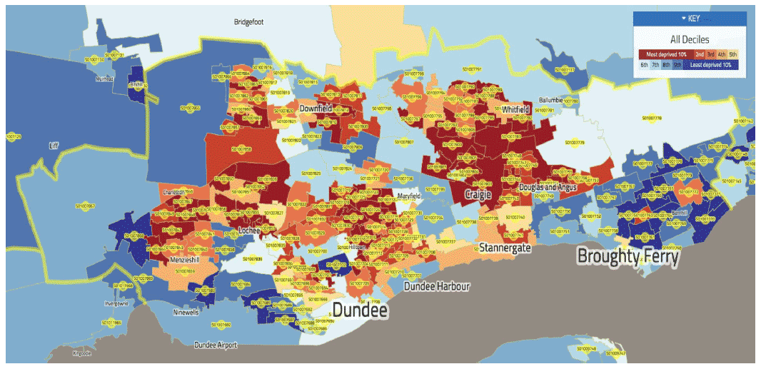 A close up of a map. The north east, central and west areas of the city are in the most deprived decile.