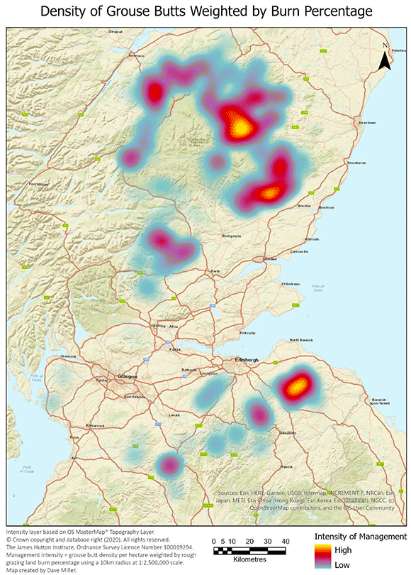Map of Scotland from the Borders to the Moray Firth showing intensity of grouse moor management. 