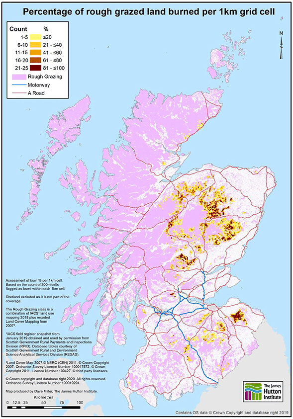 Map of Scotland showing the distribution of rough grazing land burning intensity.
