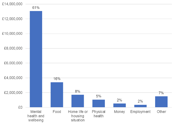 Bar chart showing the distribution of funding by different project activity focus areas (Wellbeing Fund Open Application Process)