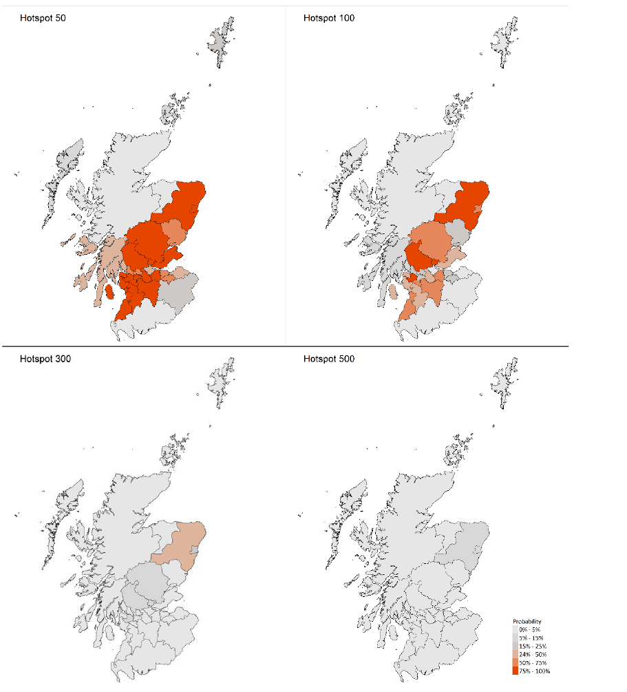 A series of four maps showing the probability of Scottish local authorities having more than 50, 100, 300 or 500 cases per 100,000 population, corresponding to data for 13 – 19 December 2020.