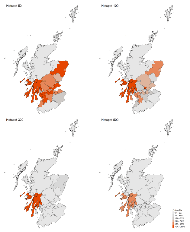 A series of four chloropleths showing the probability of Scottish local authorities having more than 50, 100, 300 or 500 cases per 100,000 population, corresponding to data for 20 - 26 December 2020.