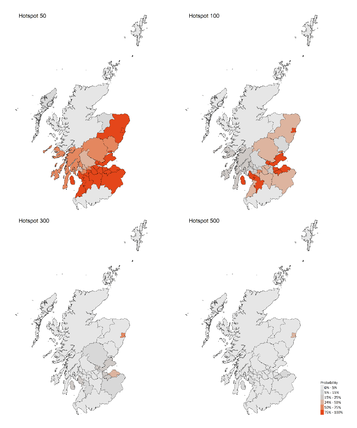 Figure 11. A series of four choropleths showing the probability of Scottish local authorities having more than 50, 100, 300 or 500 cases per 100,000 population, corresponding to data for 27 December to 2 January.