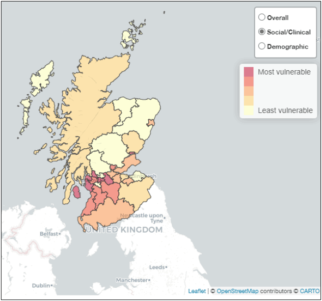 Map of Scotland showing areas of Clinical and Social vulnerability by Local Authority.Source ScotPHO Community Velnerability Index