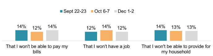 Chart showing proportion of survey respondents who were very/extremely concerned that they would not be able to pay bills, have a job or be able to provide for their household in one month's time.