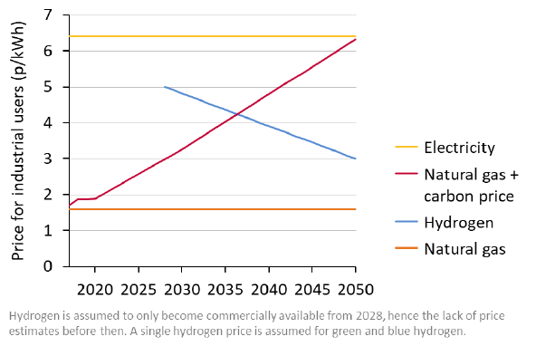 A chart detailing the assumed trajectories of price for industrial use energy fuels over time to 2050.