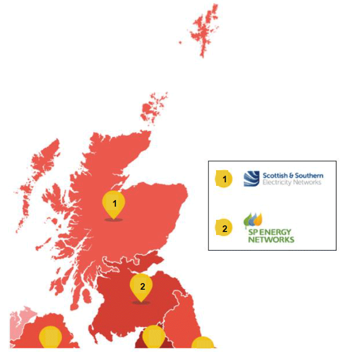 A map of Scotland showing that the north of Scotland is covered by Scottish and Southern Electricity Networks and the central belt and south is covered by SP Energy Networks.